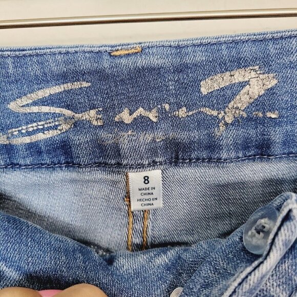 Seven7 Sz 8 Tummyless High Rise Skinny Jean Light Wash Distressed Knees Stretchy - Picture 6 of 9